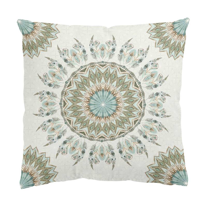 Dekokissen Mandala Aquarell Federn Muster blau grün
