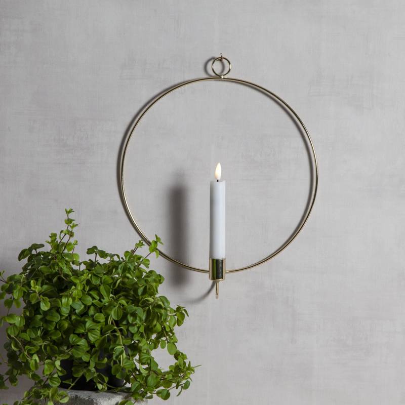 Dekoring mit LED Kerze Flamme - warmweiße LED - mit Wandöse - D: 28cm - Timer - Batterie - gold von StarTrading