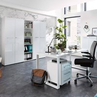 Design Büromöbel Set mit weißen Glasfronten MONTERO-01 Design Schreibtisch mit Glasplatte