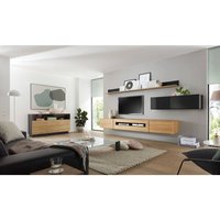 Design Wohnwand Set mit Sideboard CHUR-61 in Hochglanz schwarz mit Eiche hell, B/H/T ca. 340/190/48 cm