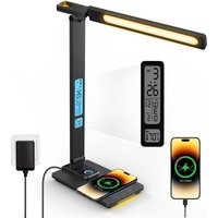 Dimmbare LED-Schreibtischlampe mit Ladefunktion – Uhr-Tischlampe, Nachtlicht mit 10-W-Wireless-Ladegerät, USB-Ladeanschluss, faltbare Dimmbare LED-Schreibtischlampe mit Ladefunktion – Uhr-Tischlampe, Nachtlicht mit 10-W-Wireless-Ladegerät, USB-Ladeanschluss, faltbare