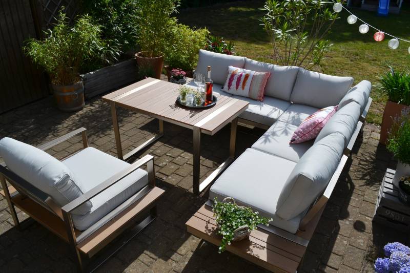 Dining Ecklounge Atlanta im Edelstahl/Teak Look - Polsterfarbe beige