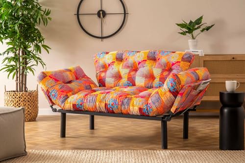 Dmora - 2-Sitzer SchlafsofaZeeusis, Verwandelbares Sofa, Lineare Stoffstruktur, Schlafsessel mit Stauraum, 155x70 h80 cm, Bunt