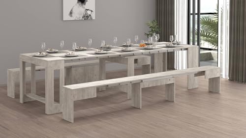 Dmora - Bank Torquato, Set mit 2 Sitzgelegenheiten für den Esstisch, ausziehbare Bänke, 290x25x45 cm, Zement von Dmora