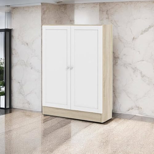 Dmora - Bücherregal Ambre, Büroregal, Mobiler Buchhalter, Bücherbrett, 79x28 h107 cm, Eiche und Weiß Dmora - Bücherregal Ambre, Büroregal, Mobiler Buchhalter, Bücherbrett, 79x28 h107 cm, Eiche und Weiß