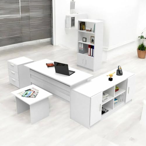 Dmora - Büro-Set Styx, Studio-Komposition, Büroartikel, Schreibtisch und Schubladenset, Weiß
