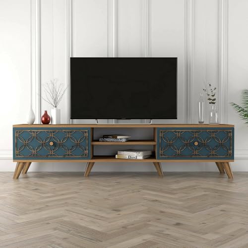 Dmora - Fernsehschrank Atlux, Ständer für Wohnzimmerfernseher, Niedriges Wohnzimmer-Sideboard, TV-Ständerbasis, 180x35 h44 cm, Walnuss und Blau