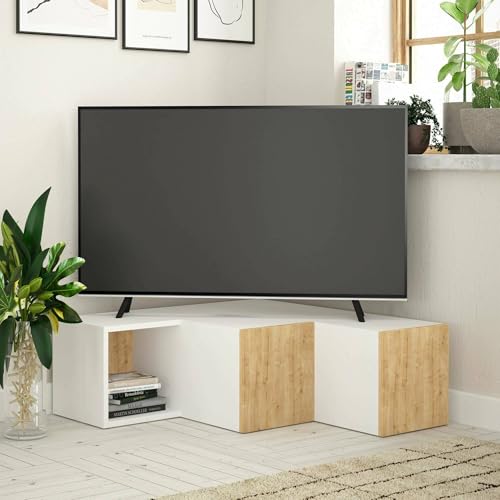 Dmora - Fernsehschrank Bliksem, Ständer für Wohnzimmerfernseher, Niedriges Wohnzimmer-Sideboard, TV-Ständerbasis, 90x92 h32 cm, Weiß und Eiche