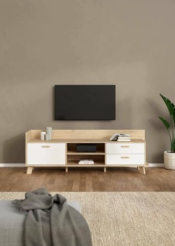 Dmora - Fernsehschrank Eloise, Ständer für Wohnzimmerfernseher, Niedriges Wohnzimmer-Sideboard, TV-Ständerbasis, 182x51 h62 cm, Eiche und Weiß