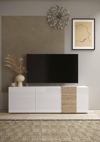 Dmora - Fernsehschrank Iseo, TV-Ständer für das Wohnzimmer, Niedriges Sideboard, TV-Ständer, Made in Italy, 181x44 h59 cm, Glänzendes Weiß und Eiche