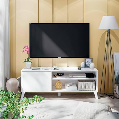 Dmora - Fernsehschrank Ocosta, Ständer für Wohnzimmerfernseher, Niedriges Wohnzimmer-Sideboard, TV-Ständerbasis, 135x40 h50 cm, Weiß