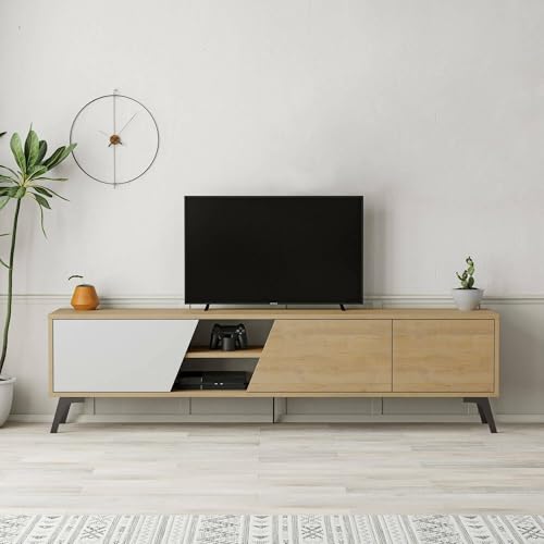 Dmora Mobile Porta TV Sadalsuud, Credenza da soggiorno, Armadio Basso per TV, Base parete attrezzata, 180x36 h48 cm, Quercia e Bianco von Dmora