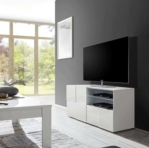 Dmora - Fernsehschrank Trasimeno, TV-Ständer für das Wohnzimmer, Niedriges Sideboard, TV-Ständer, Made in Italy, 122x43 h57 cm, Glänzendes Weiß