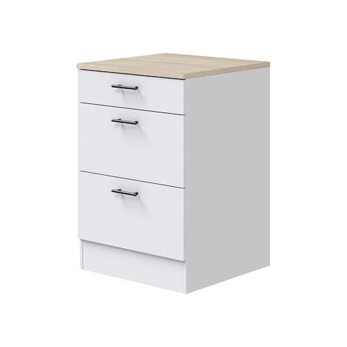 Dmora - Kommode 3 Schubladen Cuggiono, Küchenkommode, Aufbewahrungsmodul mit Schubladen, Basis mit ausziehbaren Schubladen, 60x60 h90 cm, Weiß und Eiche Dmora - Kommode 3 Schubladen Cuggiono, Küchenkommode, Aufbewahrungsmodul mit Schubladen, Basis mit ausziehbaren Schubladen, 60x60 h90 cm, Weiß und Eiche
