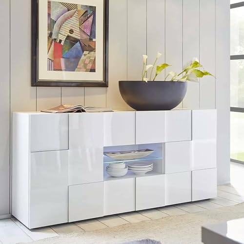 Dmora - Kommode Comelico, Wohnzimmerbuffet, Wohnzimmer-Sideboard, Moderne Küchen-Speisekammer, Made in Italy, 181x43 h84 cm, Glänzendes Weiß
