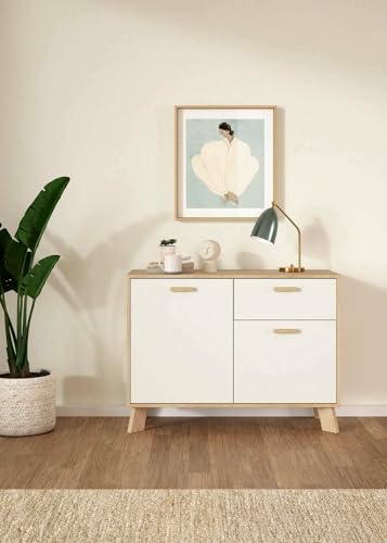 Dmora - Kommode Deirdr, Wohnzimmerbuffet, Wohnzimmer-Sideboard, Moderne Küchen-Speisekammer, 99x39 h73 cm, Eiche und Weiß von Dmora