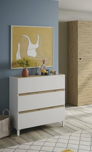 Dmora - Kommode Forfar, Mehrzweckkommode, Schlafzimmerkommode, Schrank mit Schubladen, 79x41 h91 cm, Weiß und Knoteneiche von Dmora
