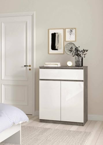 Dmora - Kommode Julienne, Wohnzimmerbuffet, Wohnzimmer-Sideboard, Moderne Küchen-Speisekammer, 80x40 h100 cm, Zement und Weiß von Dmora