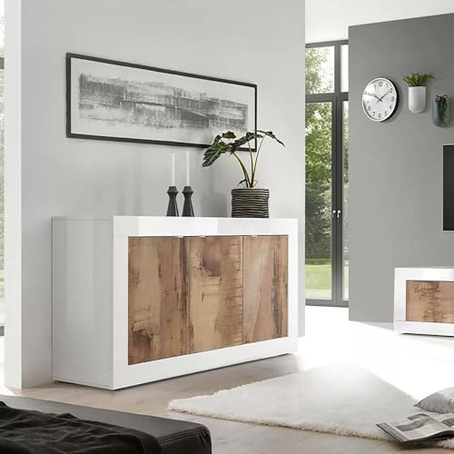 Dmora - Kommode Osiglia, Wohnzimmerbuffet, Wohnzimmer-Sideboard, Moderne Küchen-Speisekammer, Made in Italy, 160x43 h86 cm, Weiß und Akazie Dmora - Kommode Osiglia, Wohnzimmerbuffet, Wohnzimmer-Sideboard, Moderne Küchen-Speisekammer, Made in Italy, 160x43 h86 cm, Weiß und Akazie