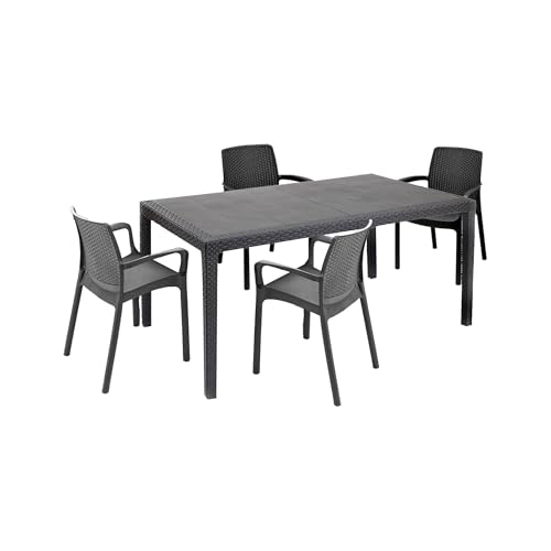 Dmora - Outdoor Lounge Set Tarquinia, Outdoor und Indoor Lounge Set, Feststehender rechteckiger Tisch mit 4 stapelbaren Stühlen, Made in Italy, Anthrazit