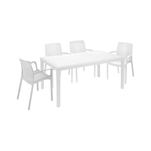 Dmora - Outdoor Lounge Set Tarquinia, Outdoor und Indoor Lounge Set, Feststehender rechteckiger Tisch mit 4 stapelbaren Stühlen, Made in Italy, Weiß