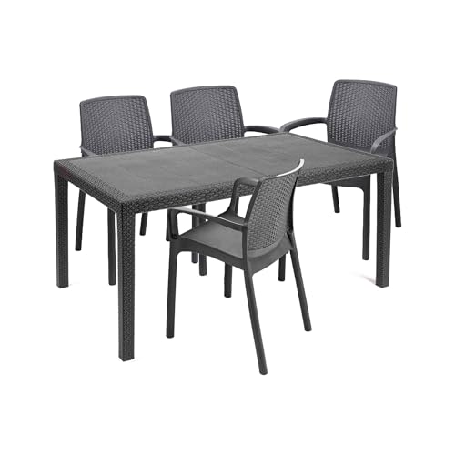 Dmora - Outdoor-Loungeset Roccaraso, Outdoor- und Indoor-Loungeset, Fester rechteckiger Tisch mit 4 stapelbaren Stühlen, Made in Italy, Anthrazit