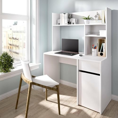 Dmora - Schreibtisch Fara, Mehrzweckschreibtisch, Bürotisch für PC, Eckschreibtisch, 110x50 h152 cm, Weiß
