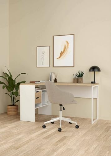Dmora - Schreibtisch Patience, Mehrzweckschreibtisch, Bürotisch für PC, Eckschreibtisch, 145x81 h77 cm, Weiß und Eiche Dmora - Schreibtisch Patience, Mehrzweckschreibtisch, Bürotisch für PC, Eckschreibtisch, 145x81 h77 cm, Weiß und Eiche