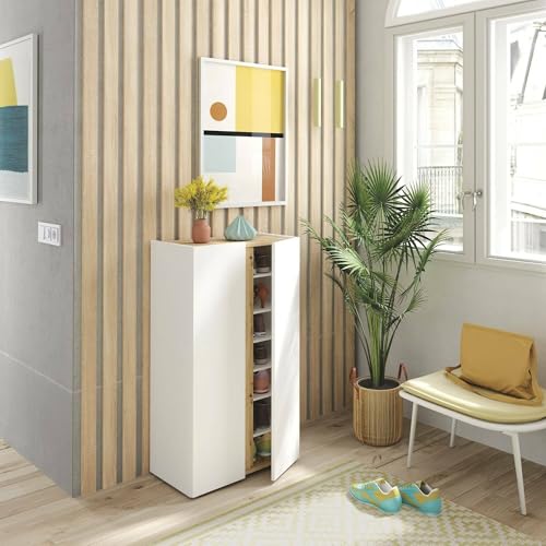 Dmora - Schuhschrank Ajlune, Schuhregal, Mehrzweck-Eingangsgarderobe, Möbel für Schuhe, 57x35 h102 cm, Weiß und Knoteneiche Dmora - Schuhschrank Ajlune, Schuhregal, Mehrzweck-Eingangsgarderobe, Möbel für Schuhe, 57x35 h102 cm, Weiß und Knoteneiche von Dmora