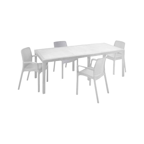Dmora - Tisch- und Stuhlset Moie, Indoor-Lounge, ausziehbarer rechteckiger Tisch mit 4 Stühlen mit Armlehnen, Made in Italy, Weiß