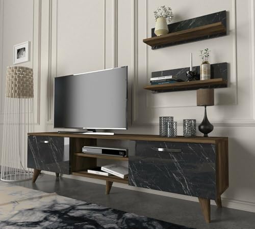 Dmora - Wohnzimmermöbel Aegir, Modulares Wohnzimmerset, Mehrzweck-Wohnzimmermöbel, Moderner TV-Schrank, 150x30 h41 cm, Walnuss und Grau von Dmora