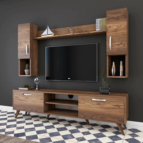 Dmora - Wohnzimmermöbel Lucifer, Modulares Wohnzimmerset, Mehrzweck-Wohnzimmermöbel, Moderner TV-Schrank, 180x35 h49 cm, Nussbaum von Dmora
