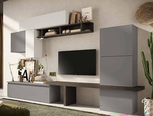 Dmora - Wohnzimmermöbel Ravasanella, Modulares Wohnzimmerset, Mehrzweck-Wohnzimmermöbel, Moderner TV-Schrank, Made in Italy, 295x40 h192 cm, Schiefer und Grau von Dmora