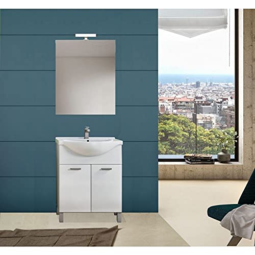 Dmora Zweitüriger Waschtischunterschrank mit Spiegel und Lampe, Made in Italy, 75 x 36/50 x 160 cm, Farbe Weiß glänzend von Dmora