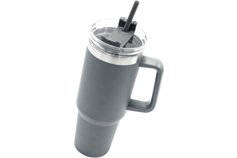 Dobmann Edelstahl Trinkbecher mit Henkel und Strohhalm 1,1 Liter dunkelgrau