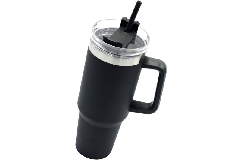 Dobmann Edelstahl Trinkbecher mit Henkel und Strohhalm 1,1 Liter schwarz