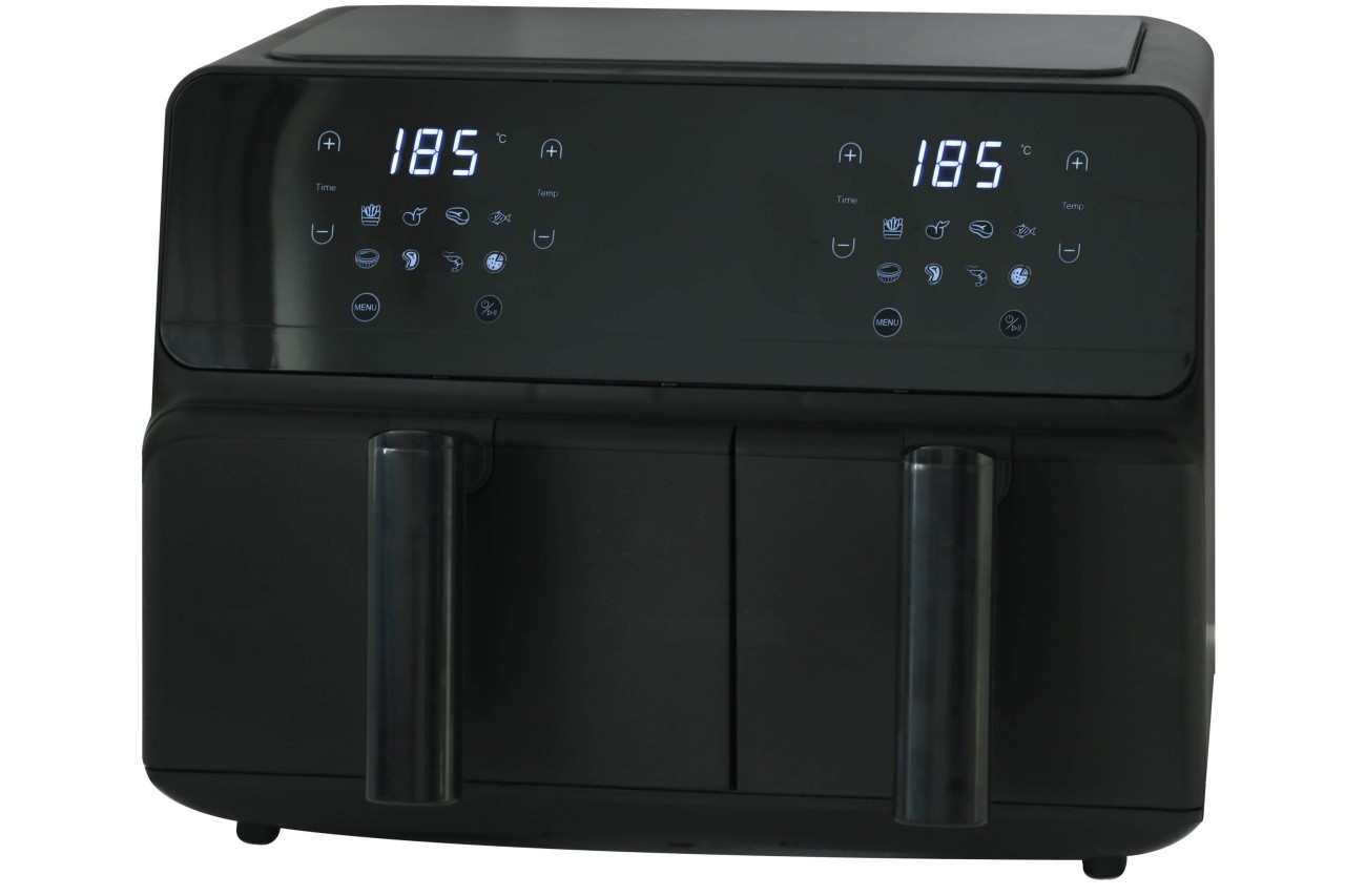 Doppel Heißluft Fritteuse 9 Liter 5,5/3,5 l schwarz 2200 Watt Touch Display Doppel Heißluft Fritteuse 9 Liter 5,5/3,5 l schwarz 2200 Watt Touch Display