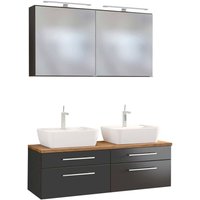 Doppel-Waschplatz 120 cm Set inkl. LED-Spiegelschrank & 2x Keramik Aufsatzwaschbecken TAREE-03 in matt grau