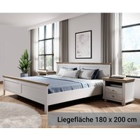 Doppelbett mit 2x Nachttisch, Liegefläche 180 x 200 cm EPSOM-83 in weiß Abisko Esche Nb. mit Lefkas Eiche Nb., B/H/T: ca. 315,5/88,5/211,5 cm