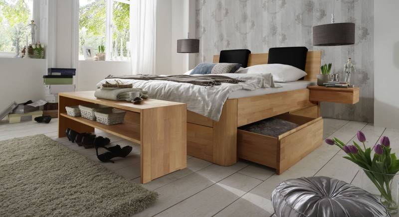 Doppelbett mit Bettkasten - 140x200 cm - Buche natur - Funktionsbett Zarbo
