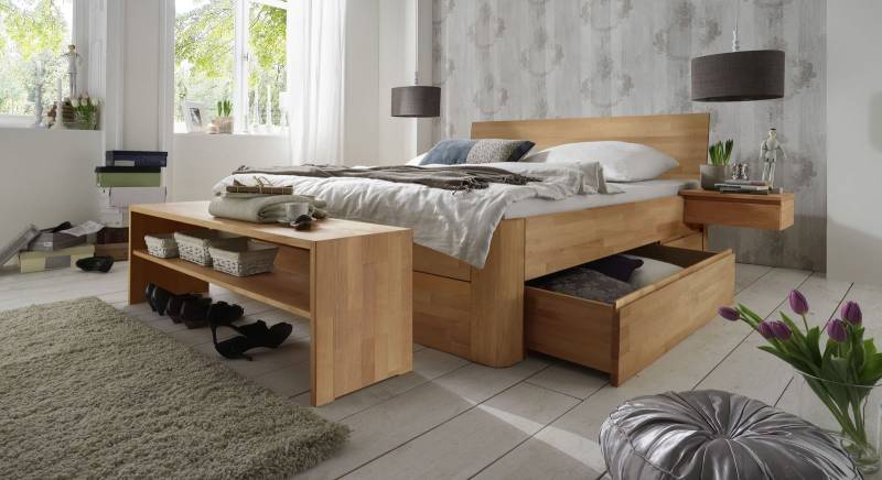 Doppelbett mit Bettkasten - 140x200 cm - Buche natur - Funktionsbett Zarbo