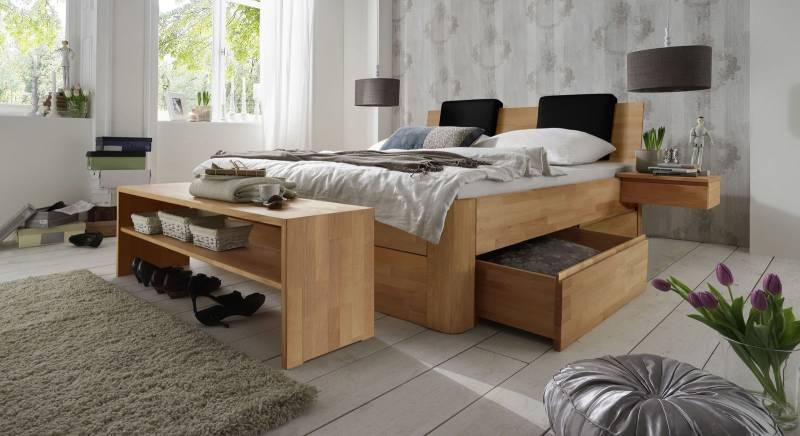 Doppelbett mit Bettkasten - 160x200 cm - Buche natur - Funktionsbett Zarbo