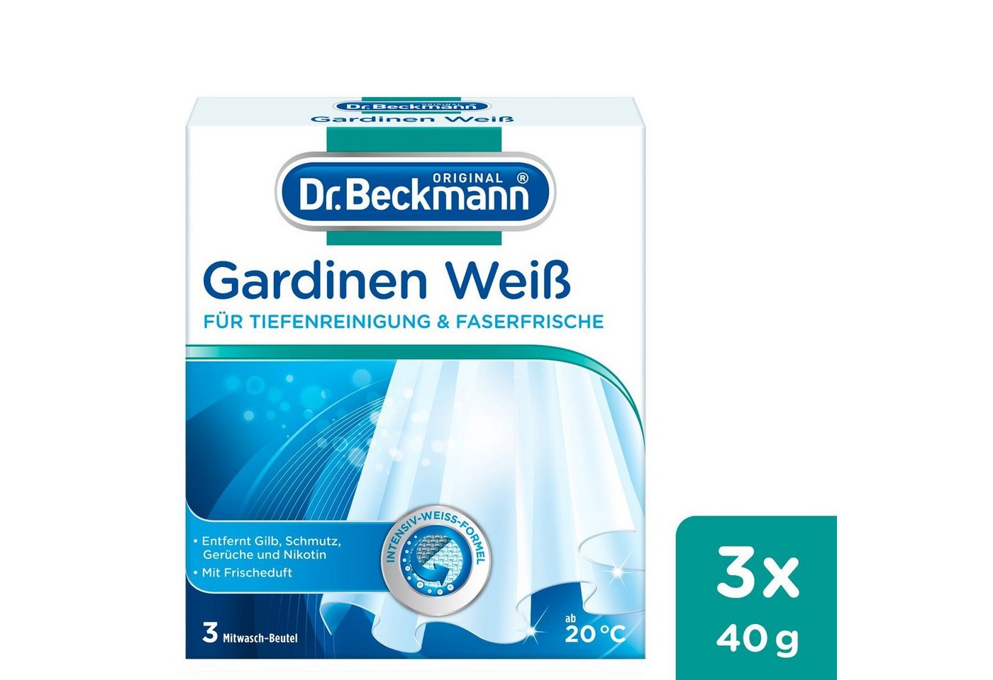 Dr. Beckmann Gardinen Weiß, Gardinenweiß für strahlende Vorhänge, 3x 40g Spezialwaschmittel (1-St) von Dr. Beckmann