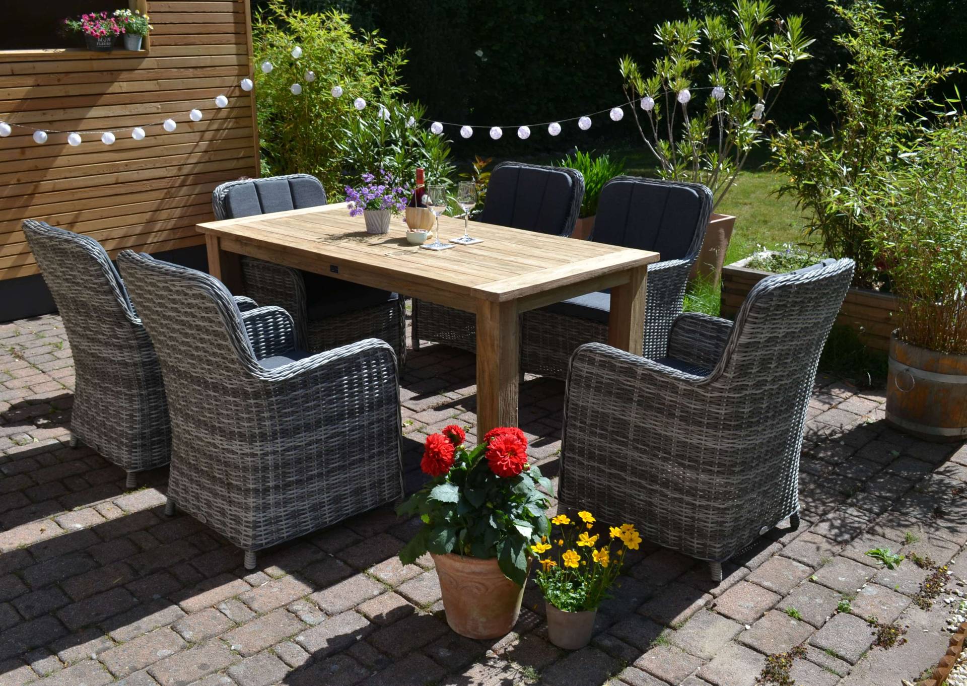 Echtholz Garnitur Oxfort 180 x 90 cm recyceltes Teak + 6 Sessel Como GR dunkelgrau mix Echtholz Garnitur Oxfort 180 x 90 cm recyceltes Teak + 6 Sessel Como GR dunkelgrau mix