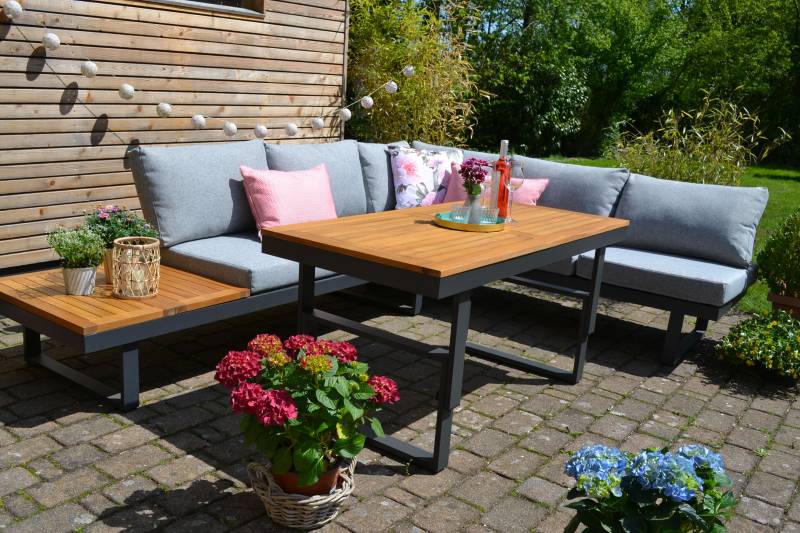 Ecklounge Santorini  ACACIA  Wood - Tisch höhenverstellbar - Polster hell / mittelgrau