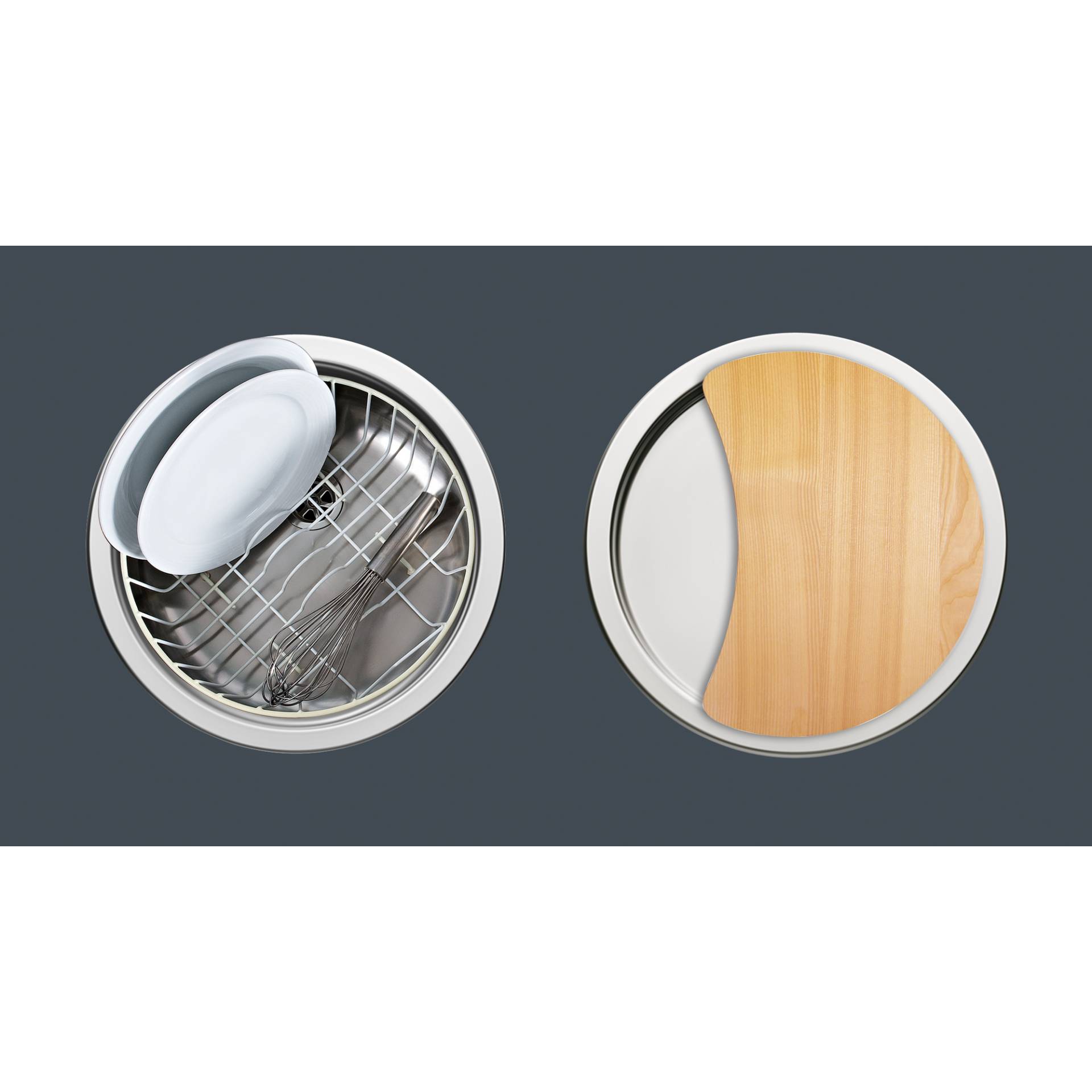 Einbau-Spülen-Set 'Round' Edelstahl Ø 38,5 cm mit Brett und Korb Einbau-Spülen-Set 'Round' Edelstahl Ø 38,5 cm mit Brett und Korb