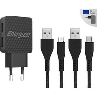 Energizer HardCase – Kompaktes 2x USB-A-Wandladegerät + USB-C- und Micro-USB-Kabel (schwarz), lebenslange Garantie von Energizer