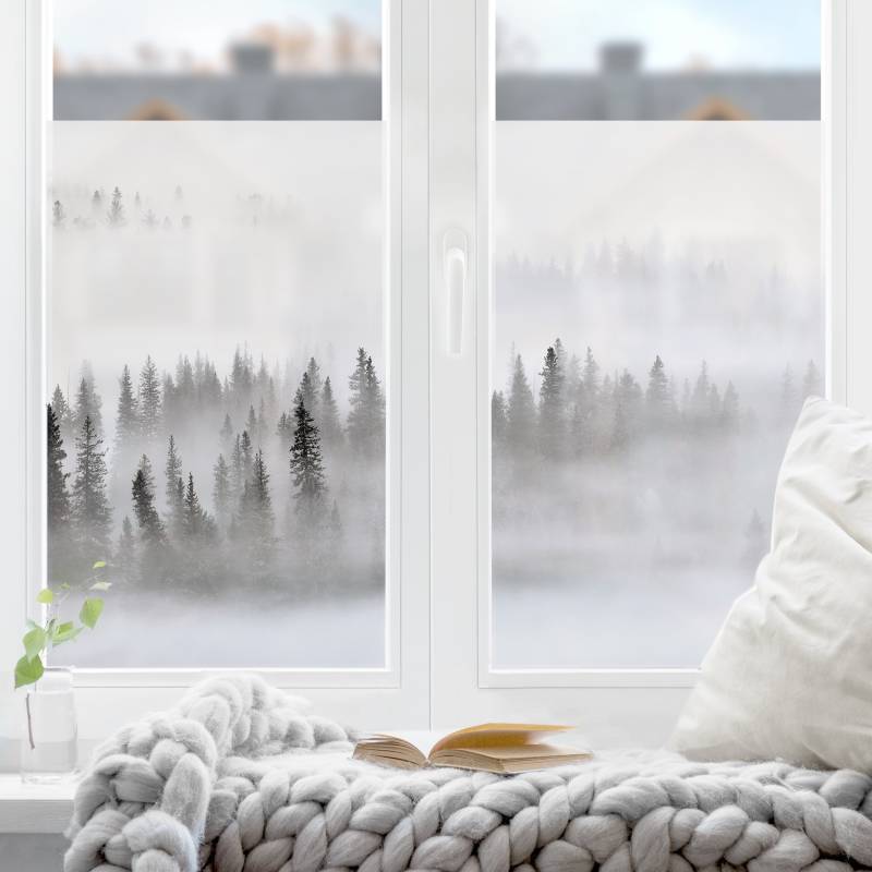 Fensterfolie Nebel im Tannenwald Schwarz-Weiß