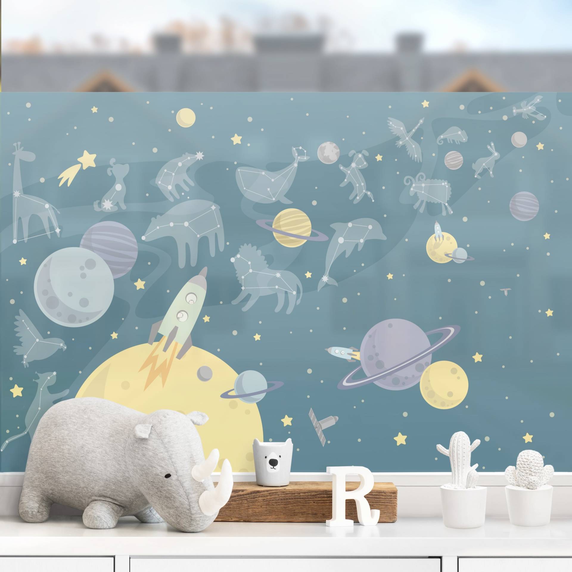 Fensterfolie Planeten mit Sternzeichen und Raketen