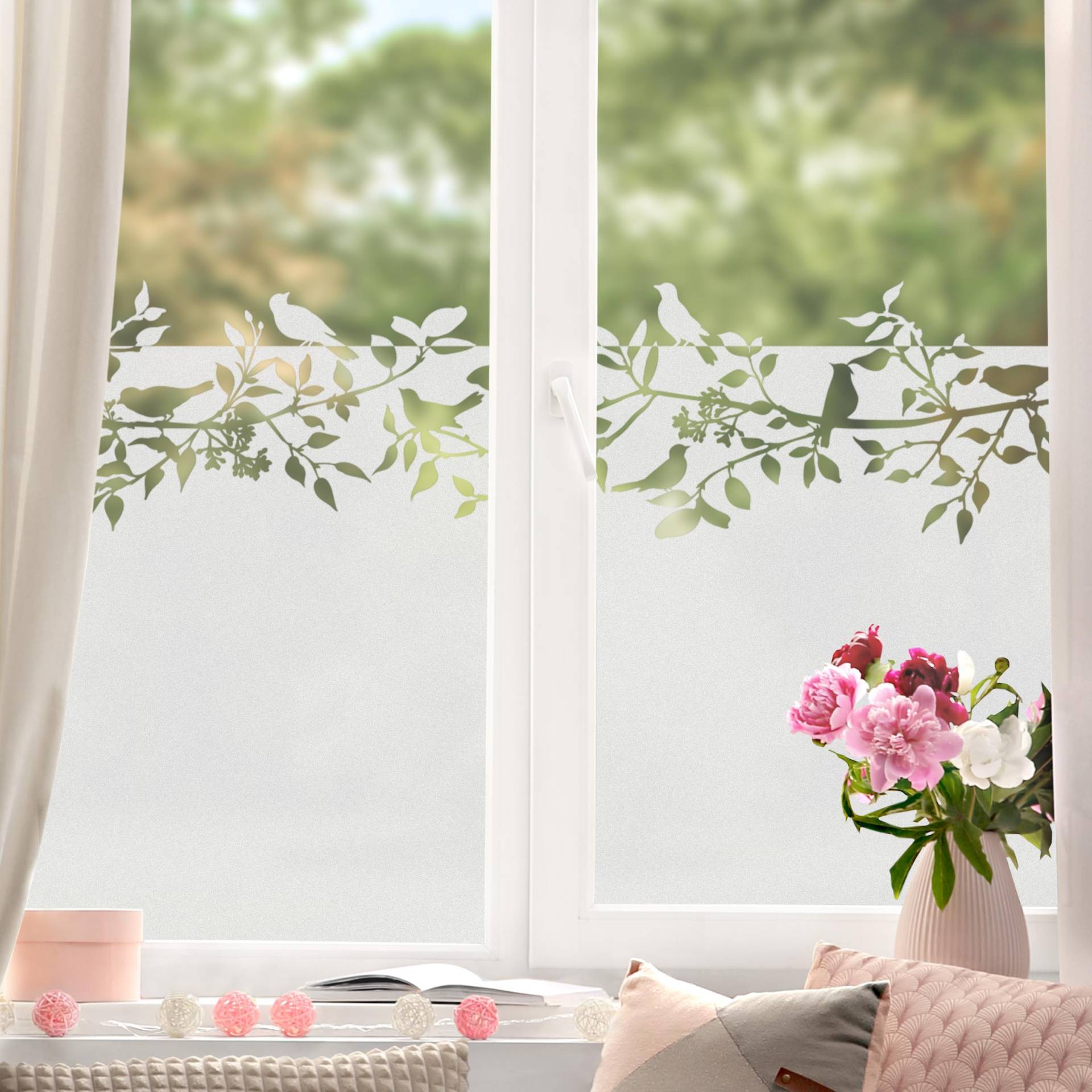 Fensterfolie Sichtschutz Vögel auf Ästen Bordüre Fensterfolie Sichtschutz Vögel auf Ästen Bordüre